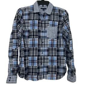 Tommy Hilfiger Madras Patchwork Plaid Shirt Blue Cotton Preppy Coastal Small